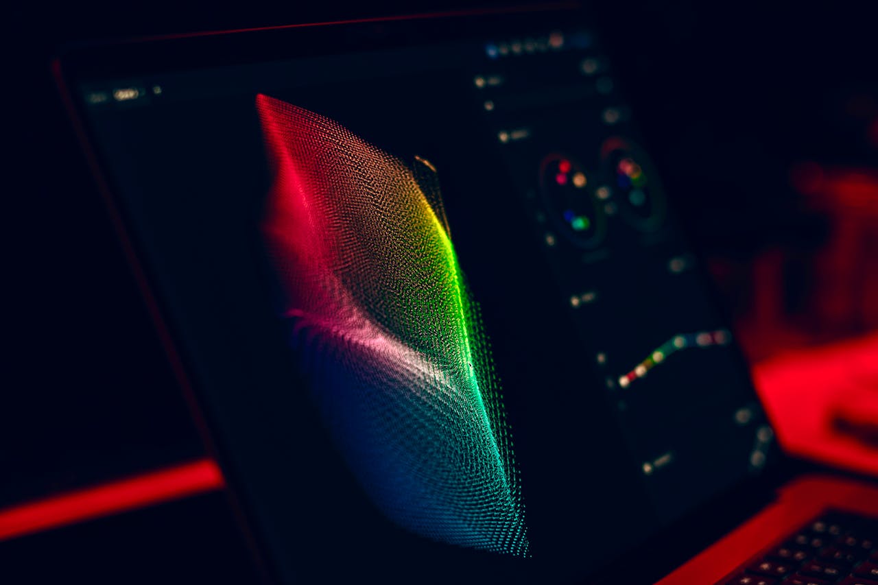 gallery-05 Close-up of vibrant digital art in red, green, and blue displayed on a monitor screen.